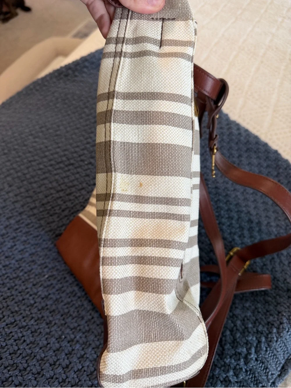 Fossil Cream & Brown Striped Canvas Backpack